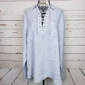 Lands' End Blue Wave Lace Up Linen Top